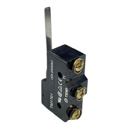 A small black electrical relay component with a silver metal lever and three screw terminals, shown on a plain white background.