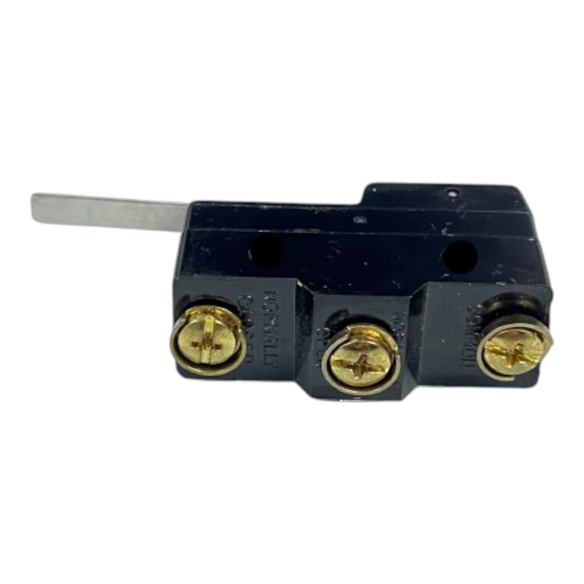 A small black electrical switch component with a flat metal lever and three gold screw terminals, photographed on a plain white background.