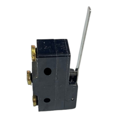 A small black electrical switch component with brass screw terminals and a silver metal lever arm, shown on a plain white background.