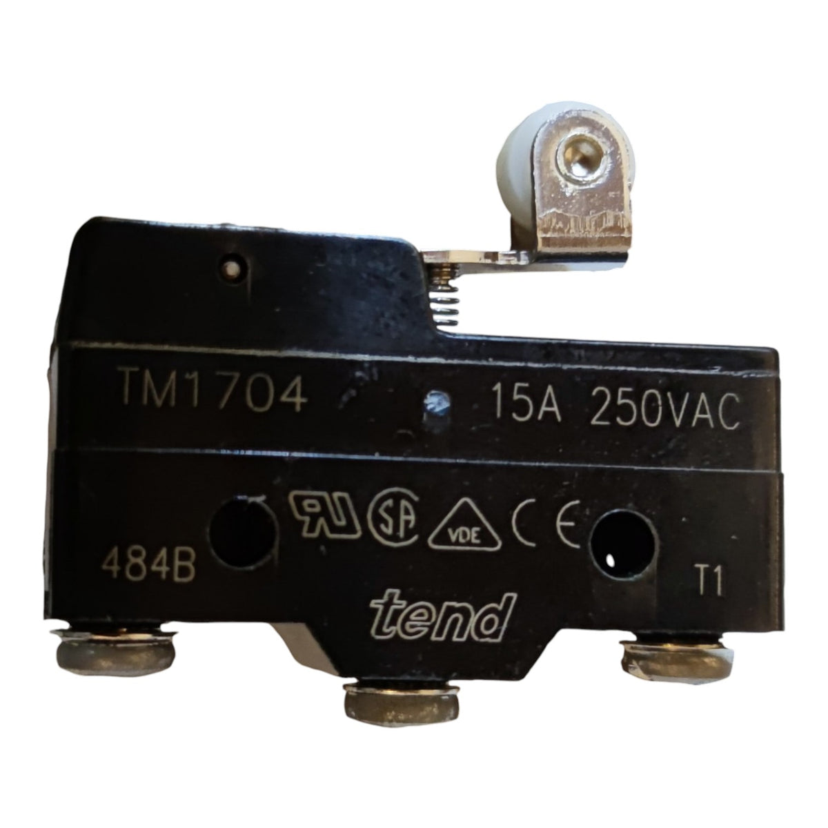 A black industrial electrical contactor or relay component with printed text including 'TM1704', '15A 250VAC', and the brand name 'tend' on the side, shown against a plain white background.