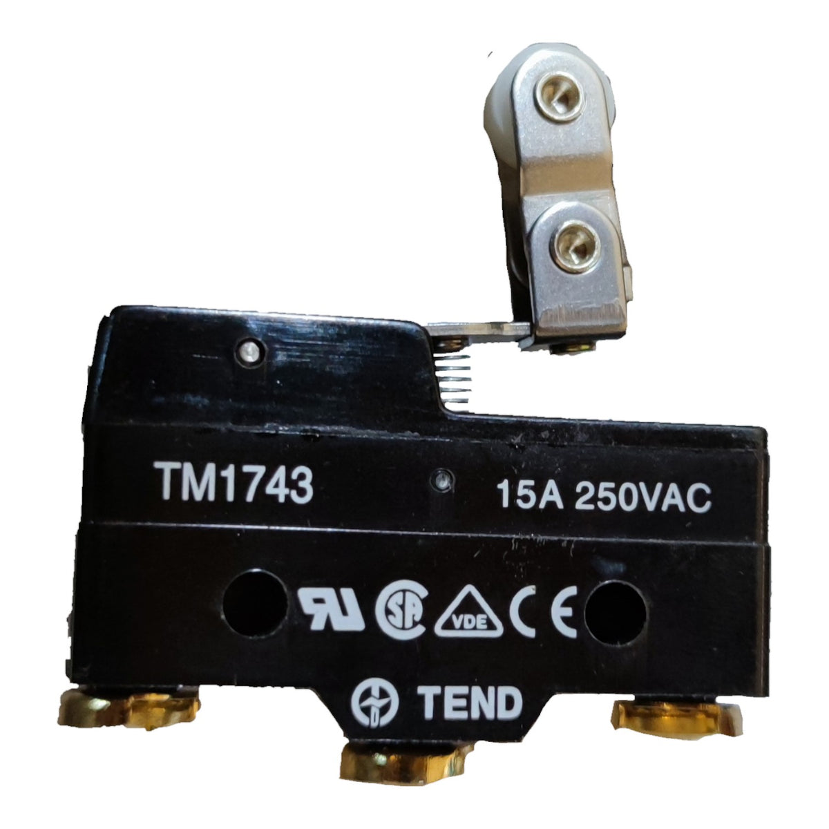 A black TEND TM1743 15A 250VAC thermal relay with gold and silver metal terminals, photographed on a solid white background.