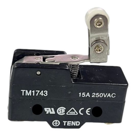 A black electrical contactor or relay component with white printed text reading 'TM1743', '15A 250VAC', and the TEND brand logo. It has a silver metal lever, a spring, and a white terminal cap, photographed on a plain white background.