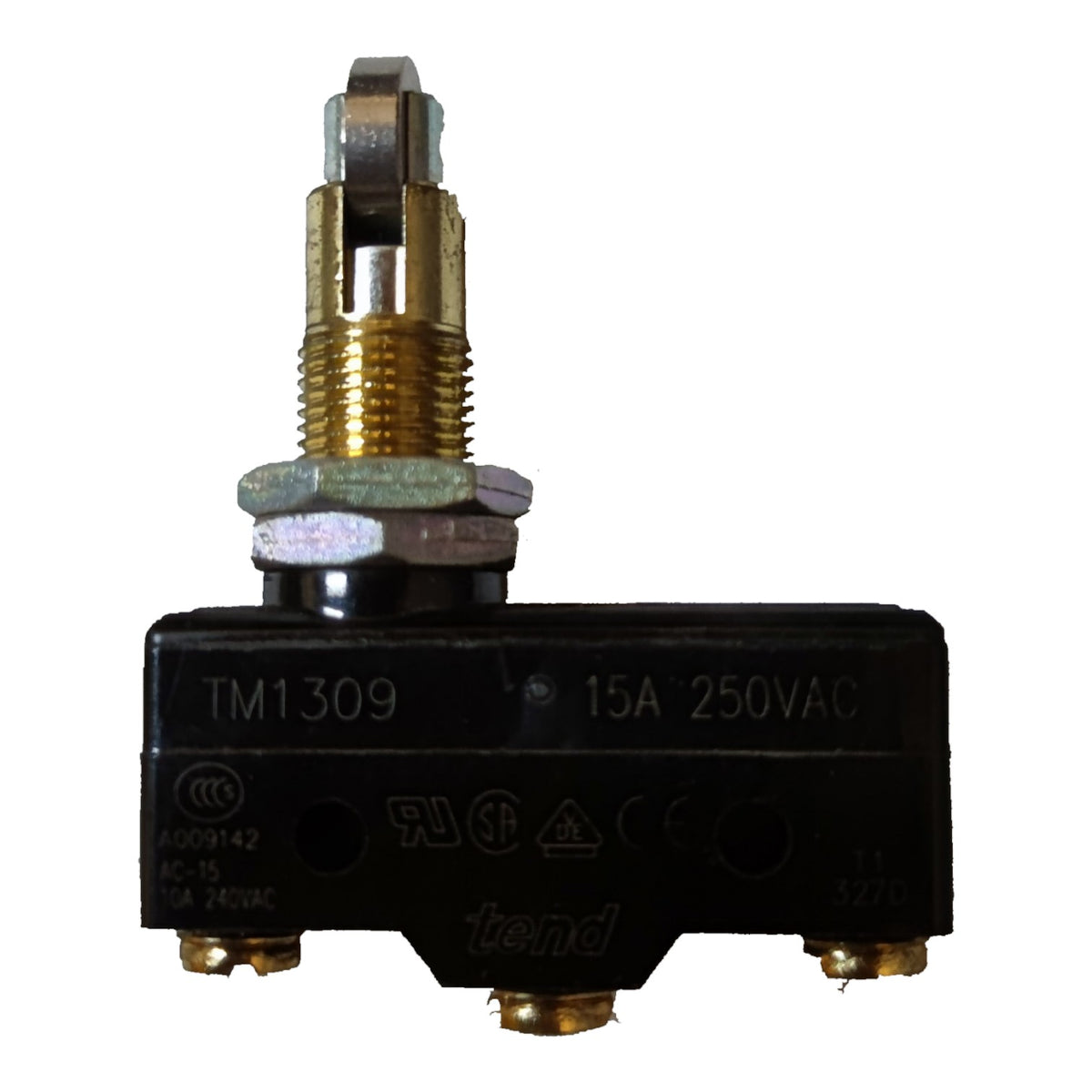 A black and brass electrical contactor or relay component with printed specifications 'TM1309 15A 250VAC' and the brand 'tend' on the front, isolated on a white background.