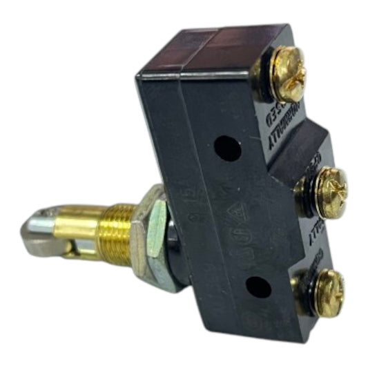 A black electrical contact switch with brass screws and a brass terminal post, shown on a plain white background.