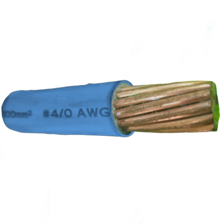 Wire with blue insulation and bare copper core on a white background