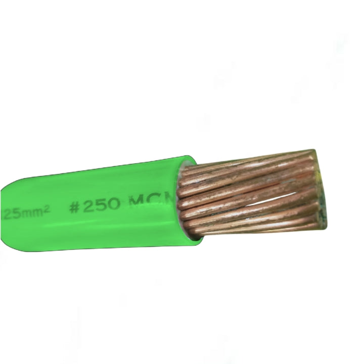 Green insulated wire with copper conductor on a white background