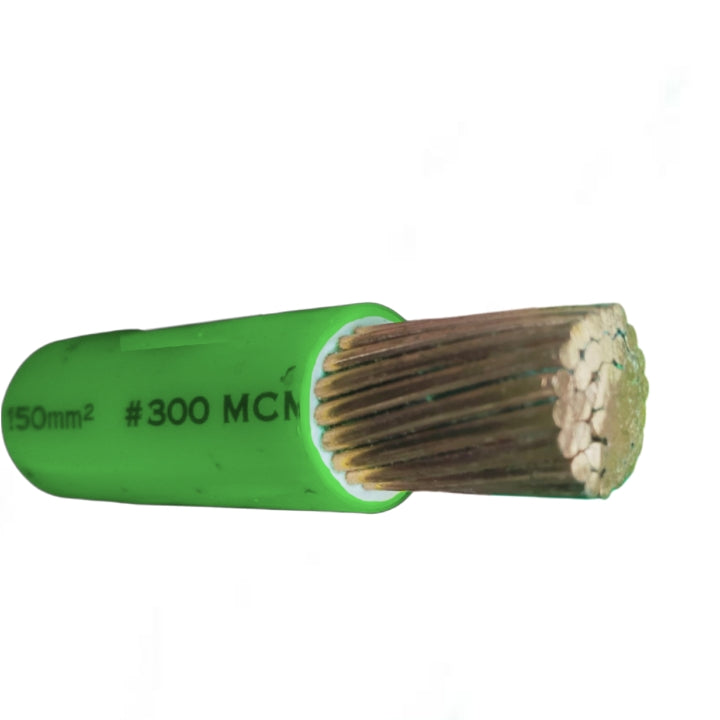 Green insulated cable with brown core on a white background