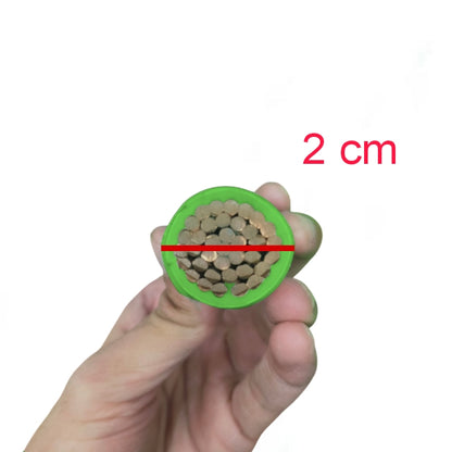 Hand holding a cross-sectional view of a cable with a green circle and red line indicating 2 cm.