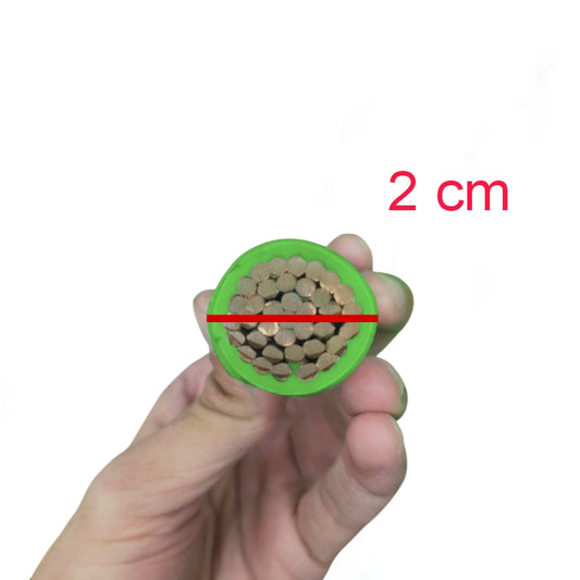Hand holding a cross-sectional view of a cable with a green circle and red line indicating 2 cm.