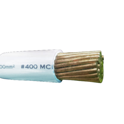 Cable with a white sheath and copper conductor on a white background