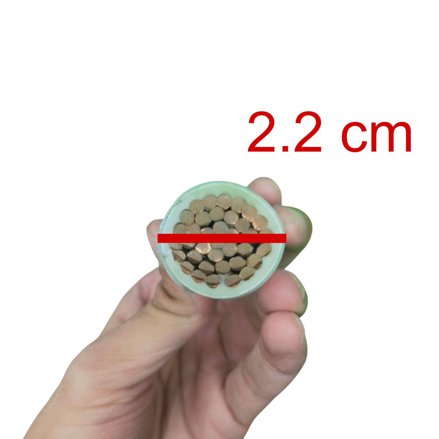 Cross-section of a cable held by a hand with measurement label '2.2 cm' on a white background