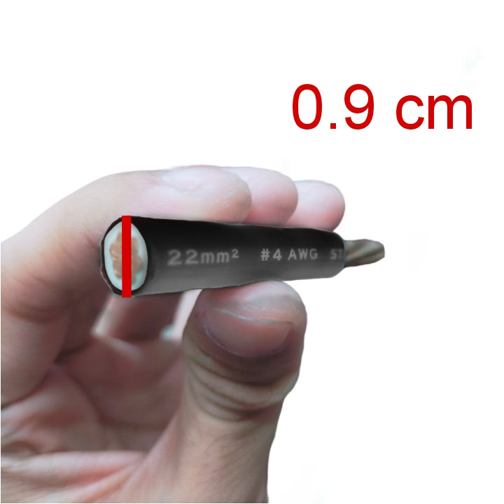 Hand holding a cable with specifications labeled on a white background