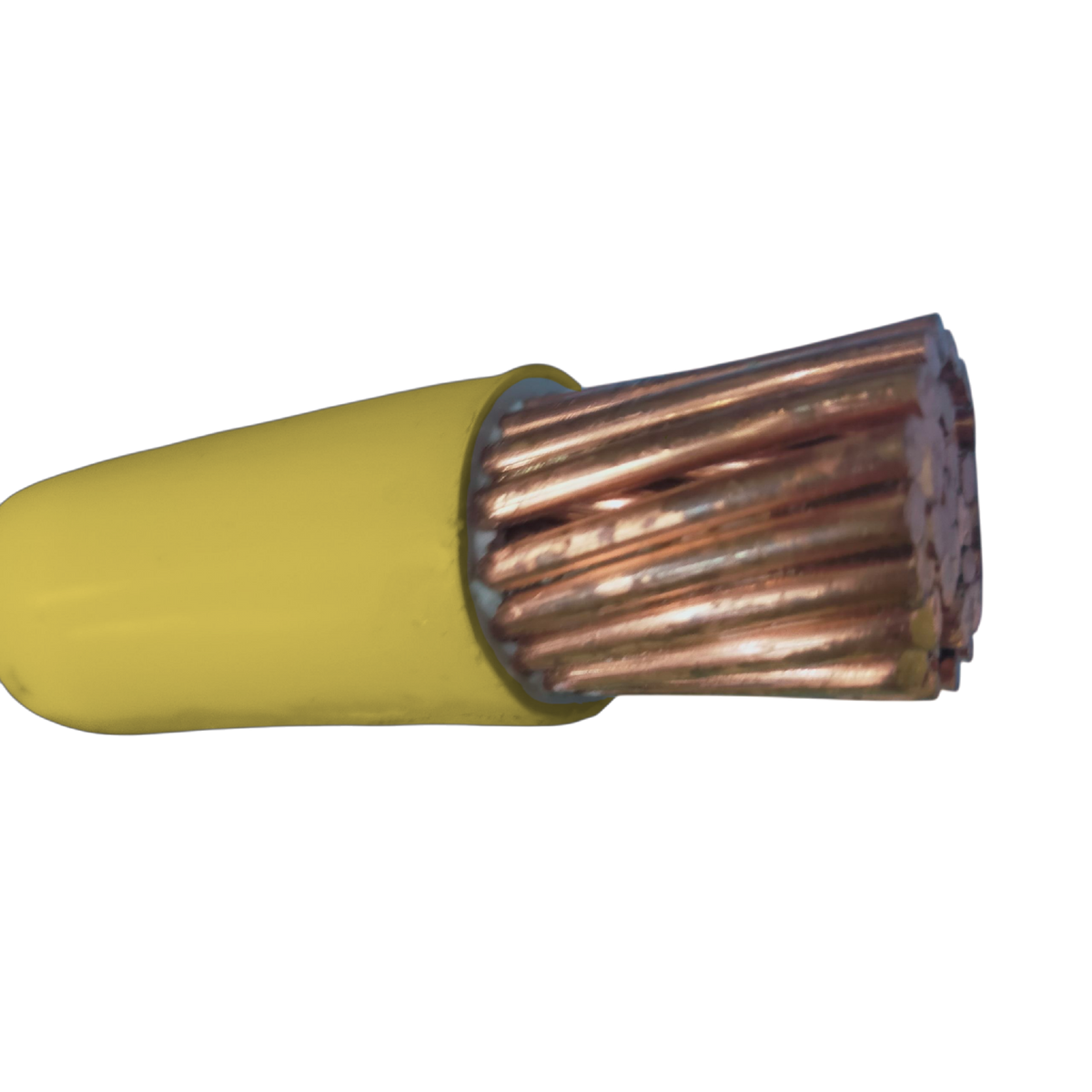 Close-up of a yellow insulated cable with copper conductor on a white background