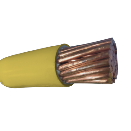 Close-up of a yellow insulated cable with copper conductor on a white background