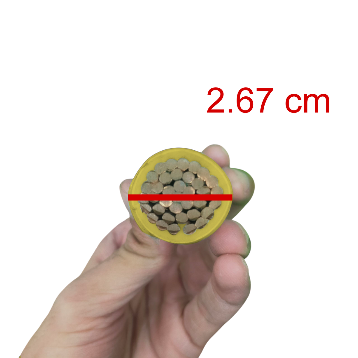 Hand holding a cylindrical object with a cross-section showing copper wires, labeled with '2.67 cm'.