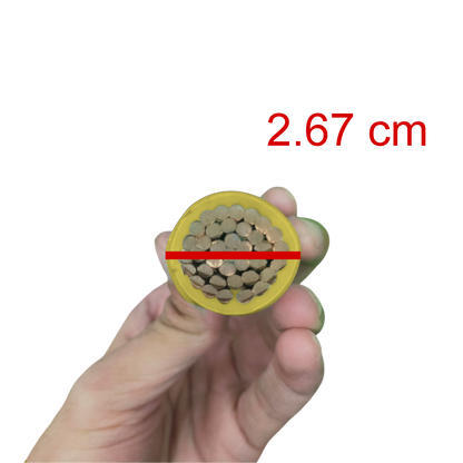 Hand holding a cylindrical object with a cross-section showing copper wires, labeled with '2.67 cm'.