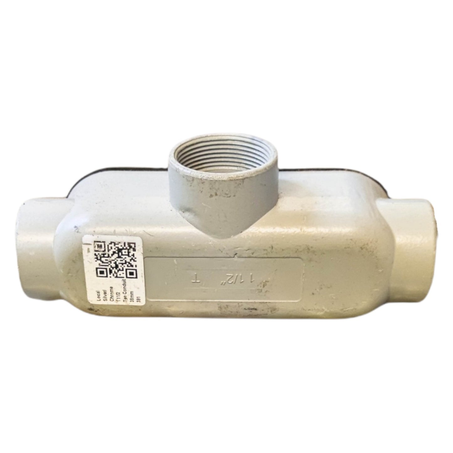 PVC pipe fitting with a QR code label on a white background