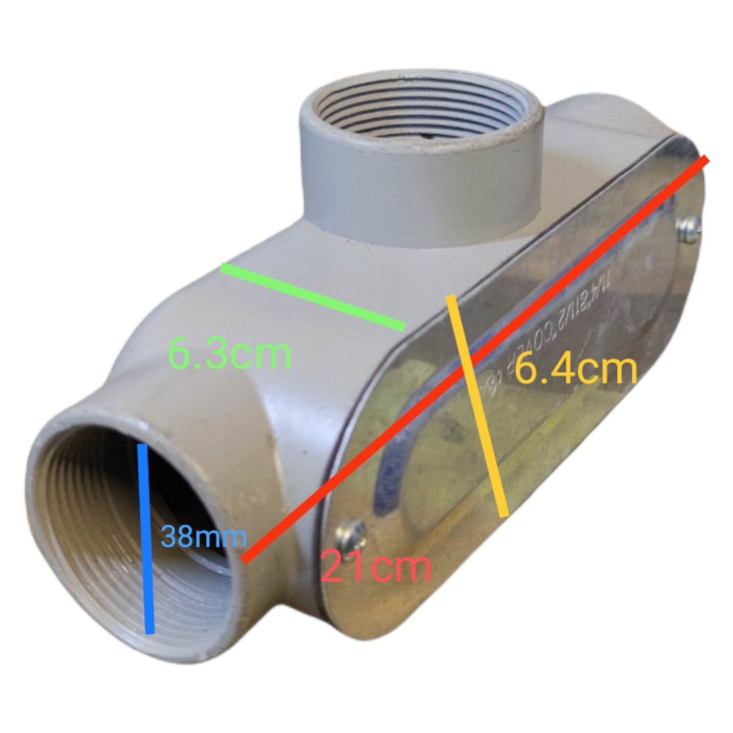 Pipe fitting with measurements marked on a white background