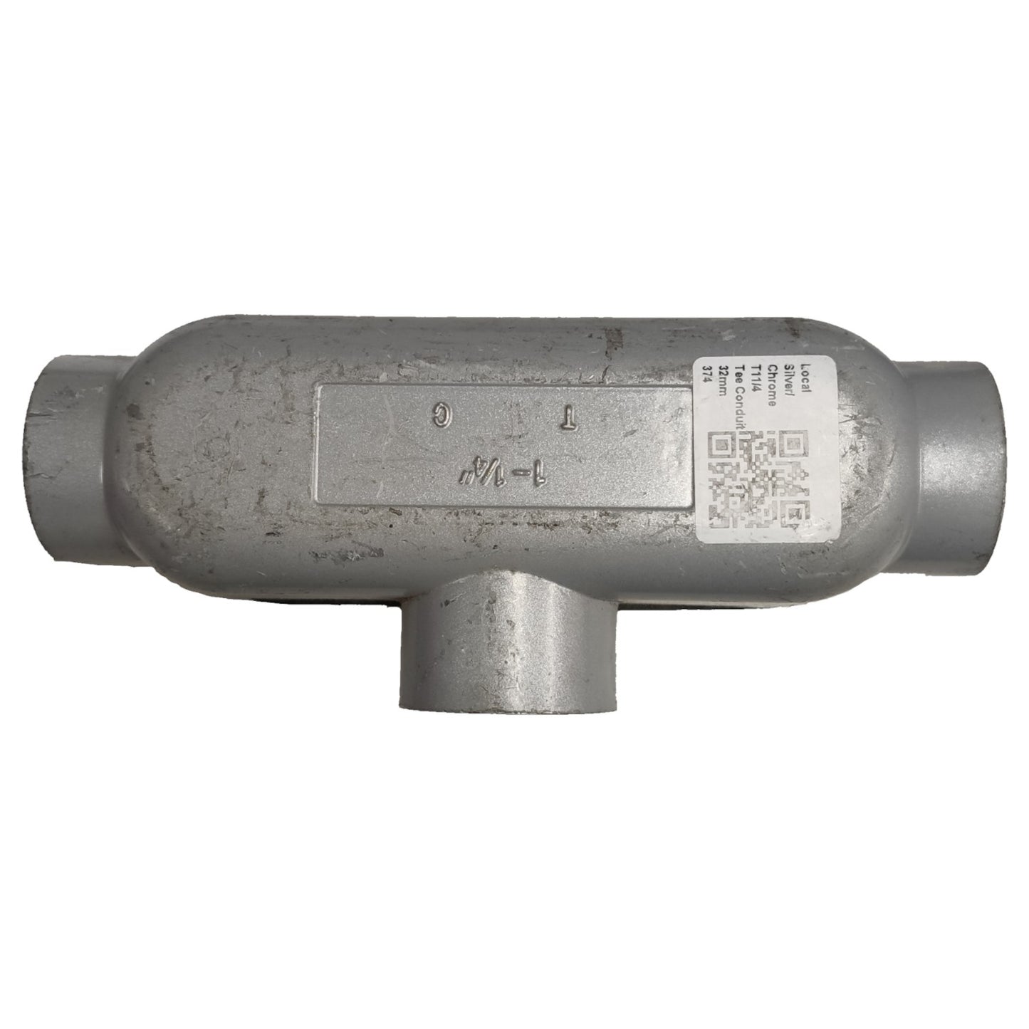 Metal T-fitting with labels on a white background