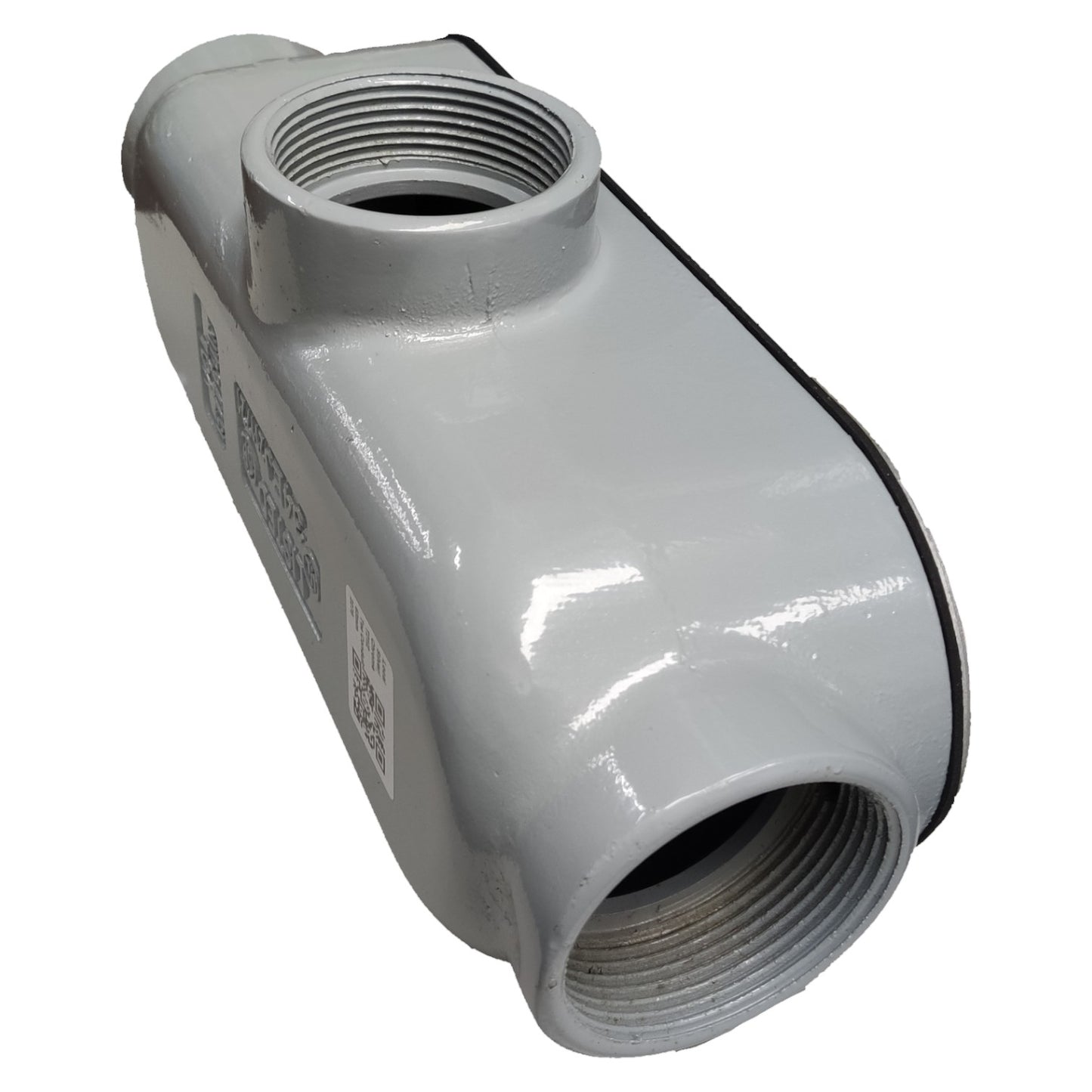 Gray pipe fitting on a white background