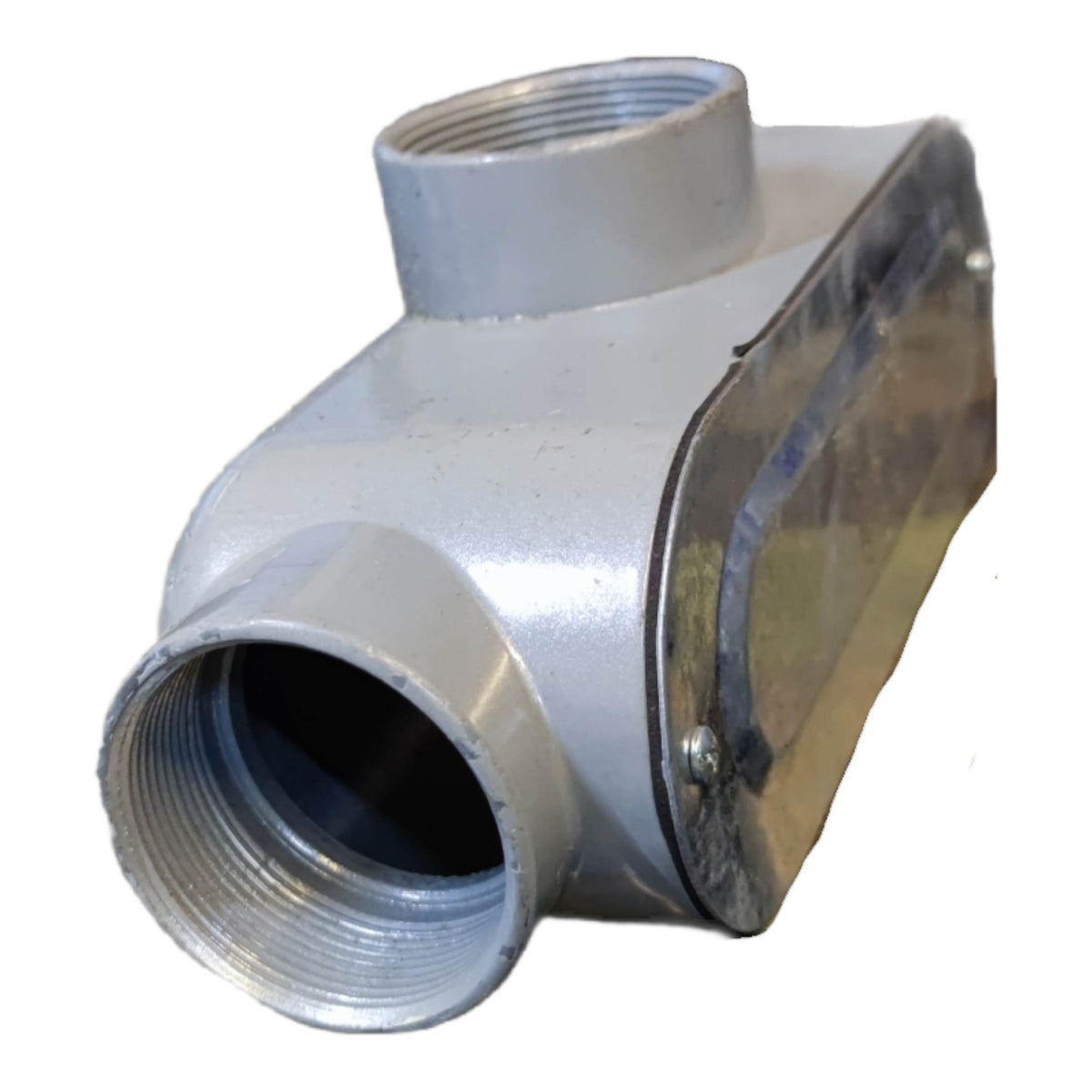 Metal pipe fitting on a white background
