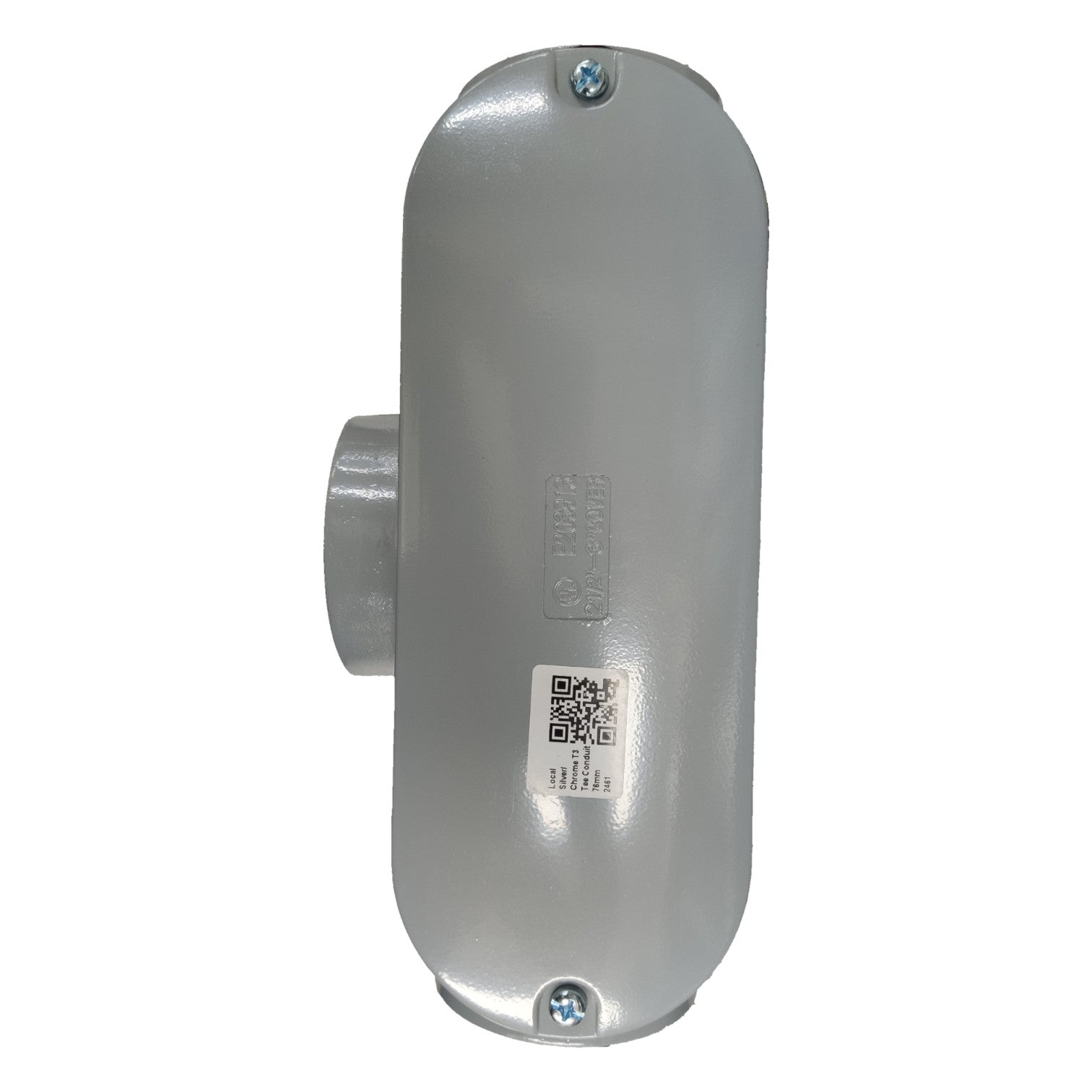 Metallic cylindrical device with a QR code label on a white background