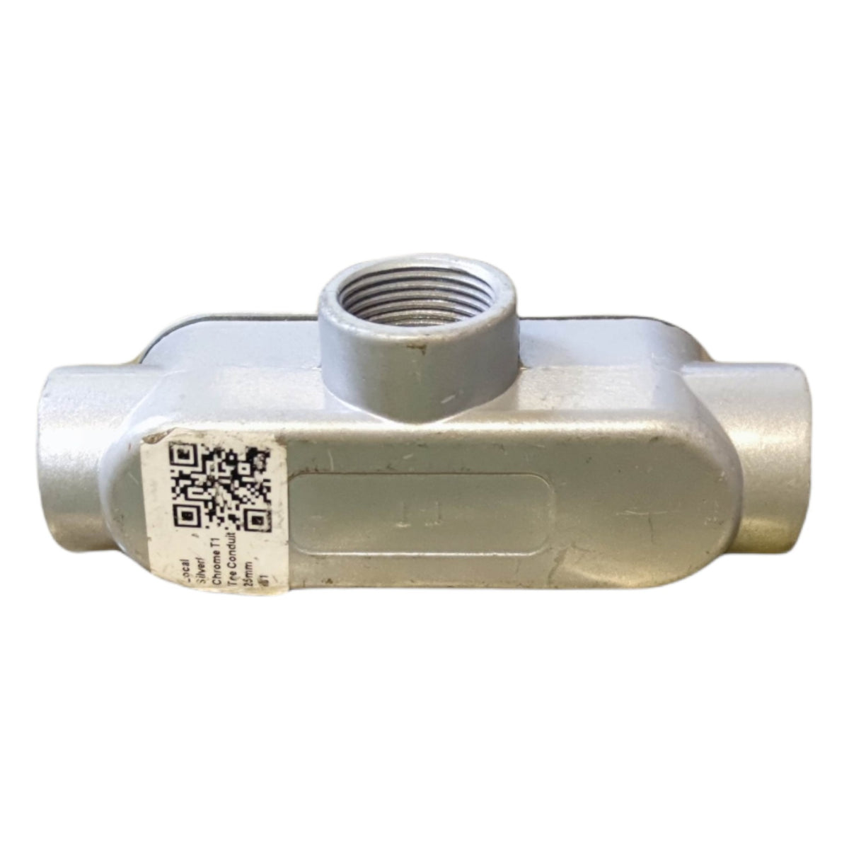 Metal pipe fitting with a QR code label on a white background