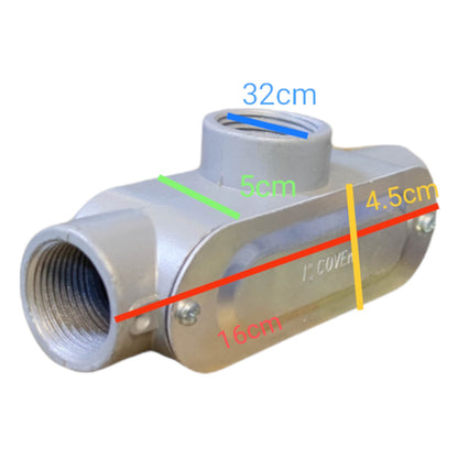 Metal pipe fitting with measurements on a white background