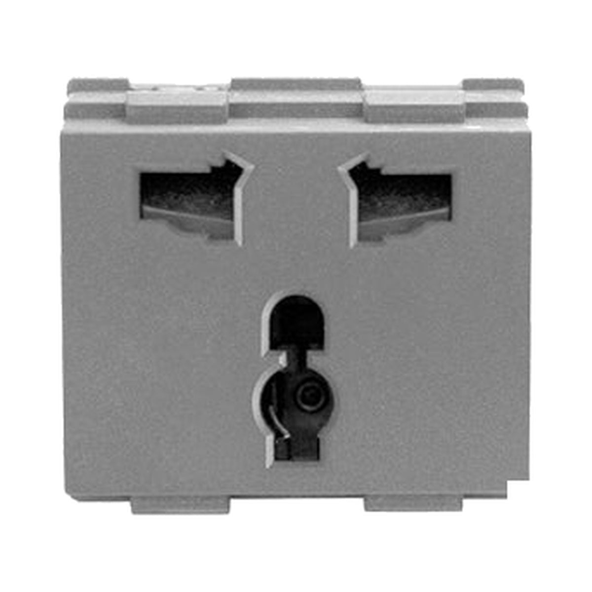 A gray plastic electrical terminal block connector with two angled slots and a central keyhole-shaped opening, shown on a plain white background.