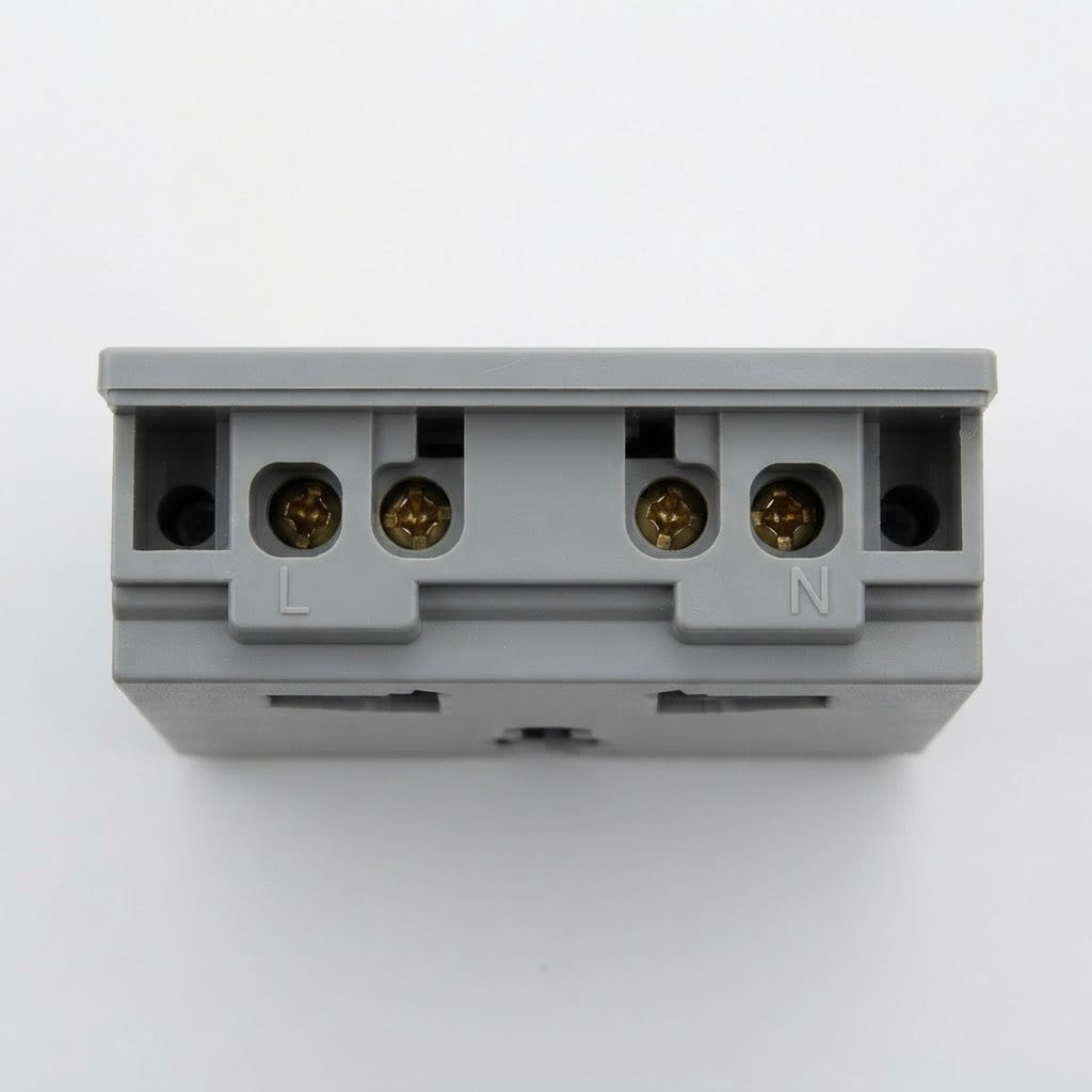 A gray electrical terminal block connector with screw terminals labeled L and N, shown from a top-down view on a white background.