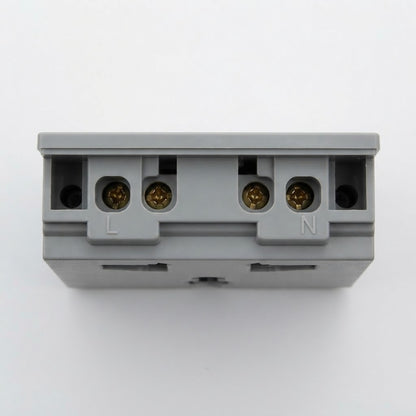 A gray electrical terminal block connector with screw terminals labeled L and N, shown from a top-down view on a white background.