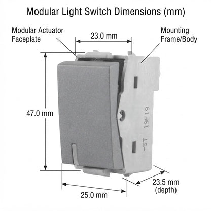 A technical dimension diagram of a modular light switch, showing measurements in millimeters for the actuator faceplate, mounting frame/body, overall height, depth, and base width with labeled callouts on a white background.