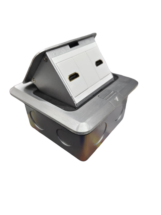 T&J 2 gang metal floor outlet with HDMI ports and silver metal finish