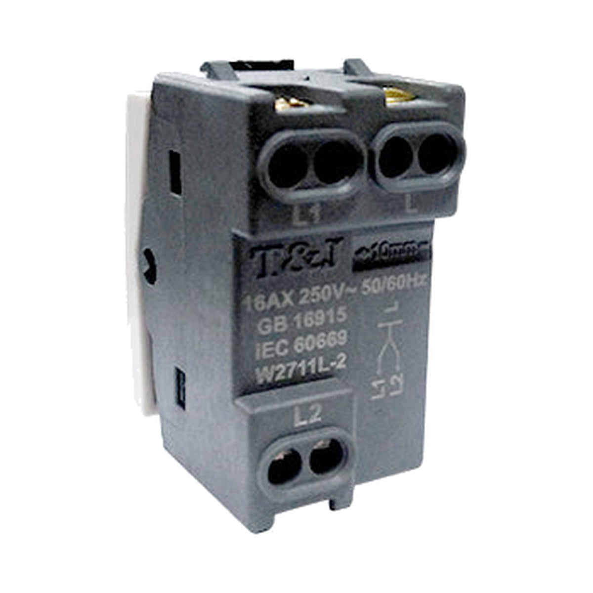 A TP-AI electrical terminal block connector, model W2711L-2, featuring gray plastic housing with white terminal labels (L1, L2) and gold screw terminals, shown on a white background.