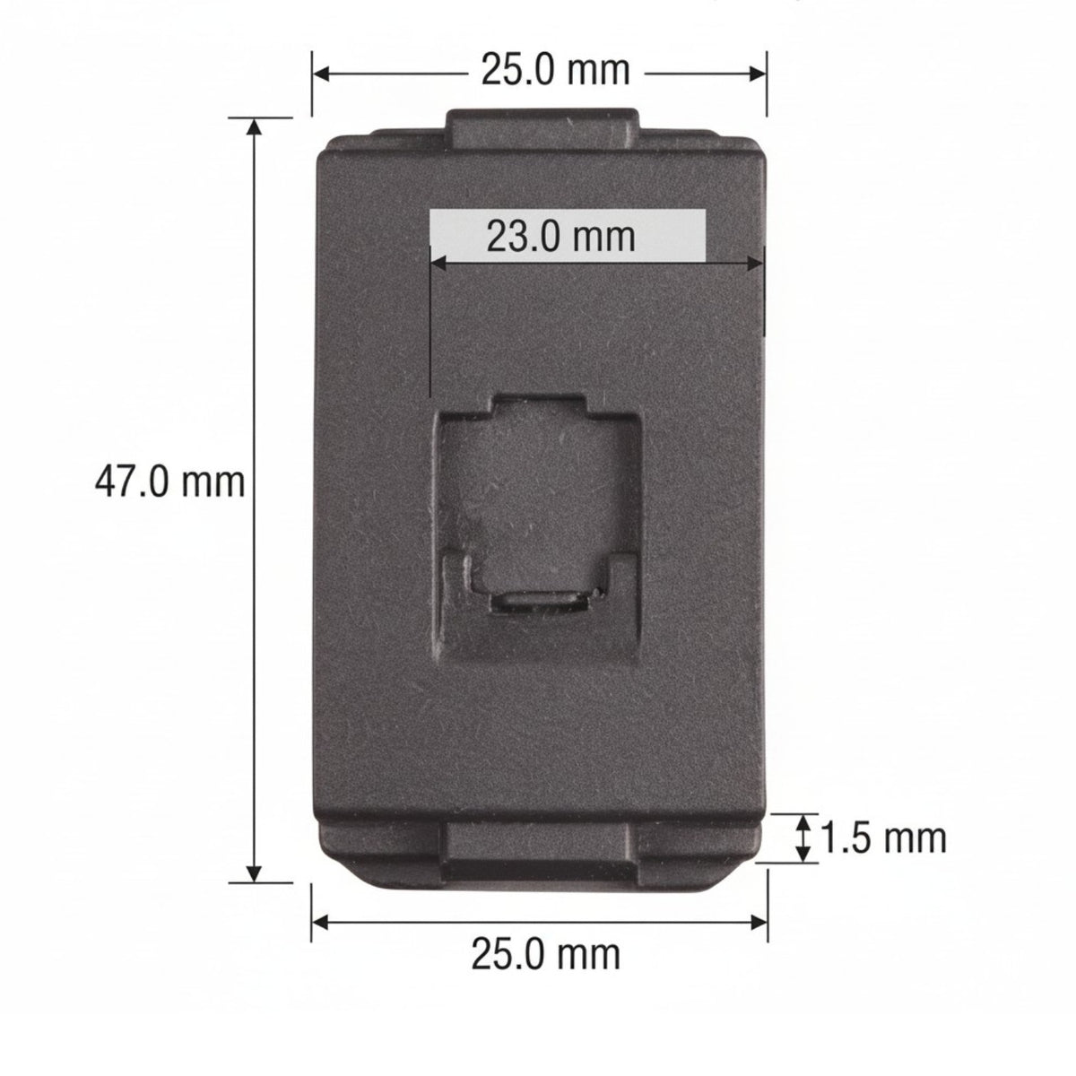 A dark gray rectangular plastic component with dimension annotations showing measurements of 47.0 mm height, 25.