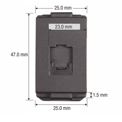 A dark gray rectangular plastic component with dimension annotations showing measurements of 47.0 mm height, 25.