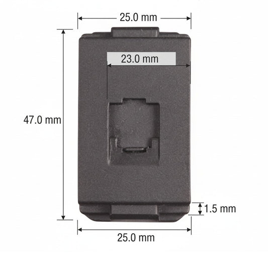 A dark gray rectangular plastic component with dimension annotations showing measurements of 47.0 mm height, 25.