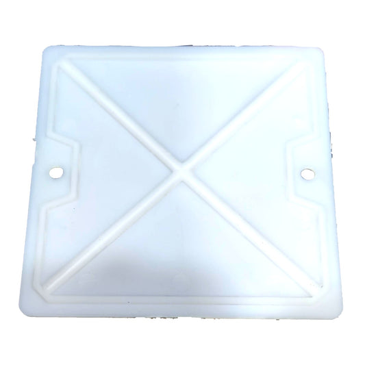 A square white plastic cover with a raised X-shaped design in the center and two small circular holes on the sides, shown against a plain white background.