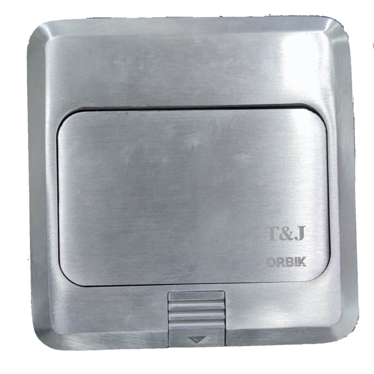 TJ stainless steel floor power outlet pop-up box with HDMI and CAT6 . recessed lid and cable access