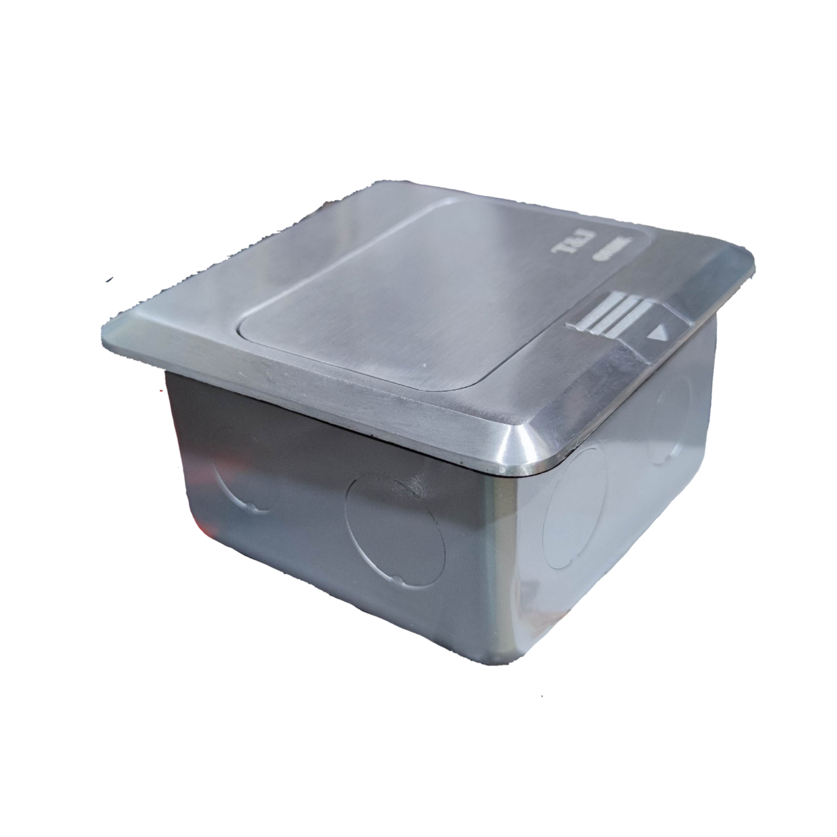 T and J stainless steel recessed floor power box pop-up box with HDMI and CAT6 . Flush lid and cable knockouts