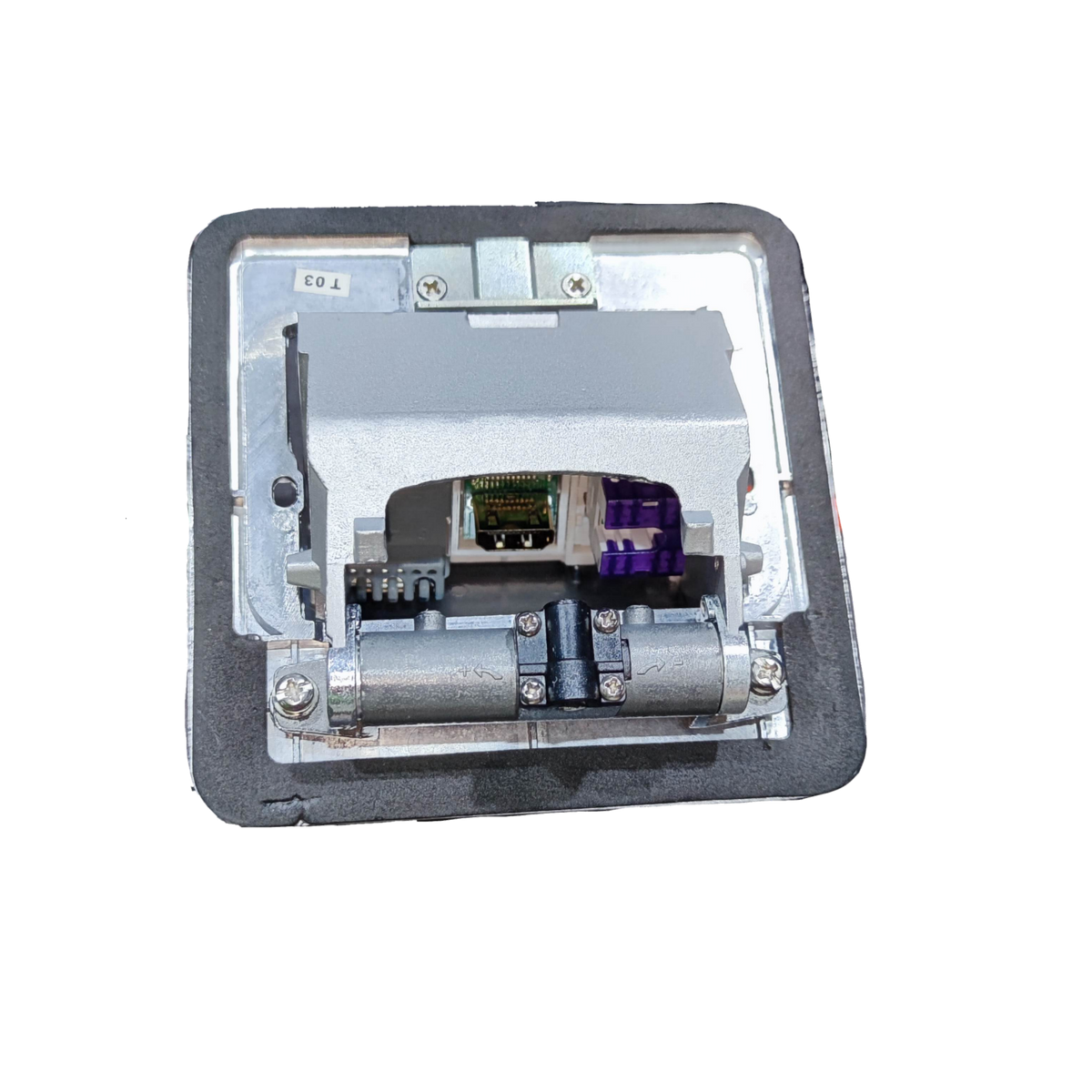 Metal floor pop-up outlet HDMI - CAT6 - telephone with hinged cover and visible HDMI network and phone connectors
