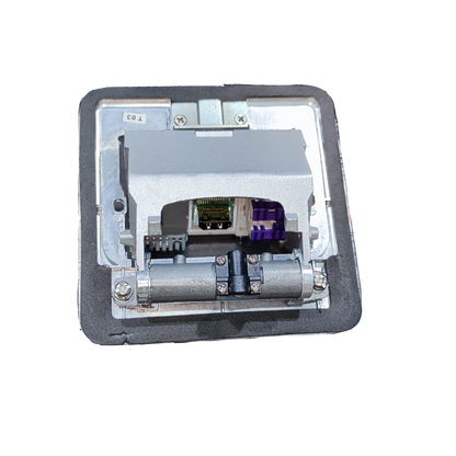 Metal floor pop-up outlet HDMI - CAT6 - telephone with hinged cover and visible HDMI network and phone connectors