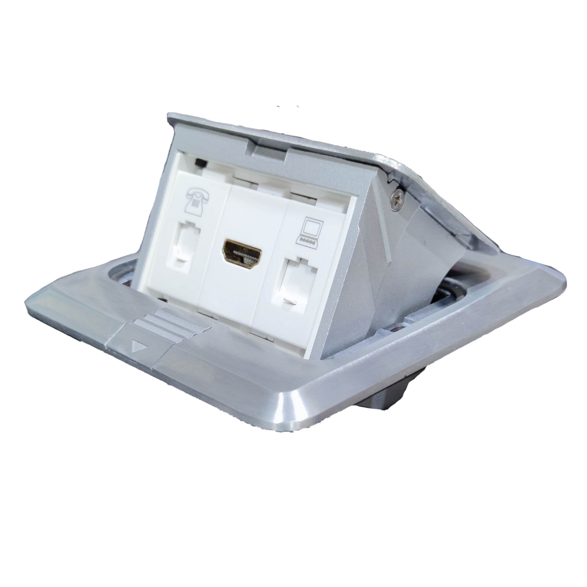 T and J floor pop-up outlet HDMI - CAT6 - telephone in brushed aluminum frame with HDMI and network ports
