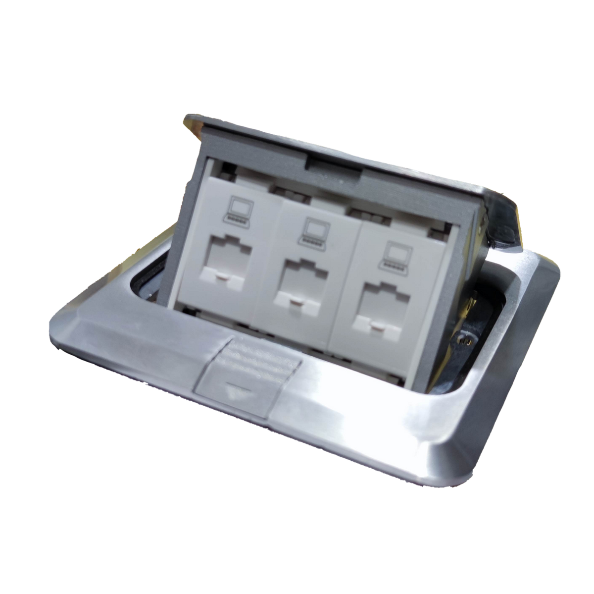 T&J Ethernet Pop Up Floor Outlet with three ports and stainless steel cover for convenient connectivity