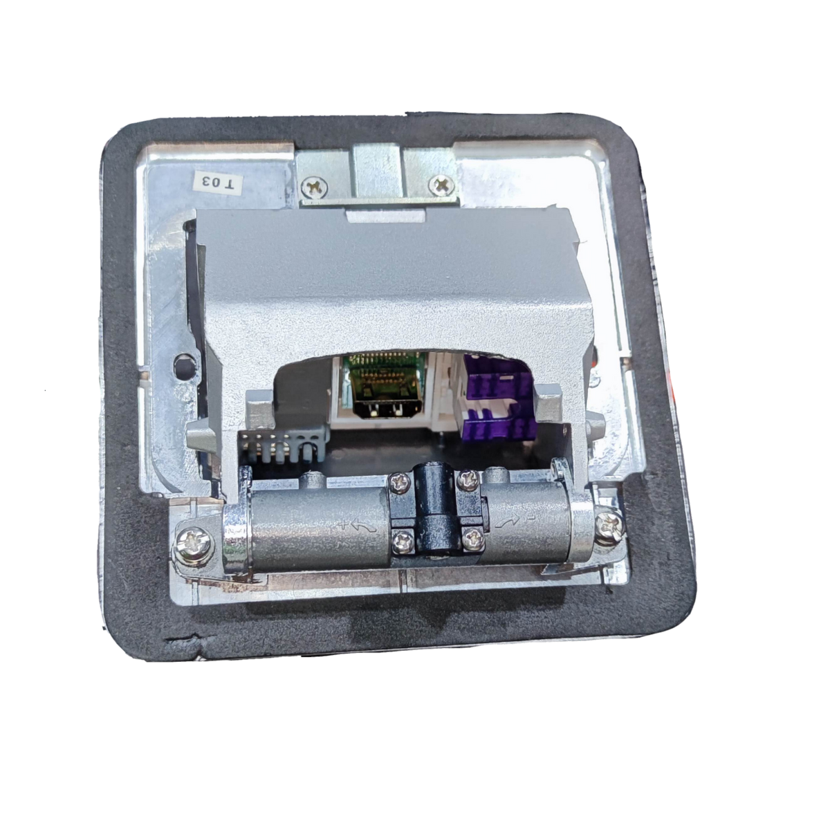T&J Ethernet Pop Up Floor Outlet with metal casing and protective cover for floor installation