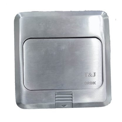 T&J Ethernet Pop Up Floor Outlet with brushed metal finish and protective cover for power and data access