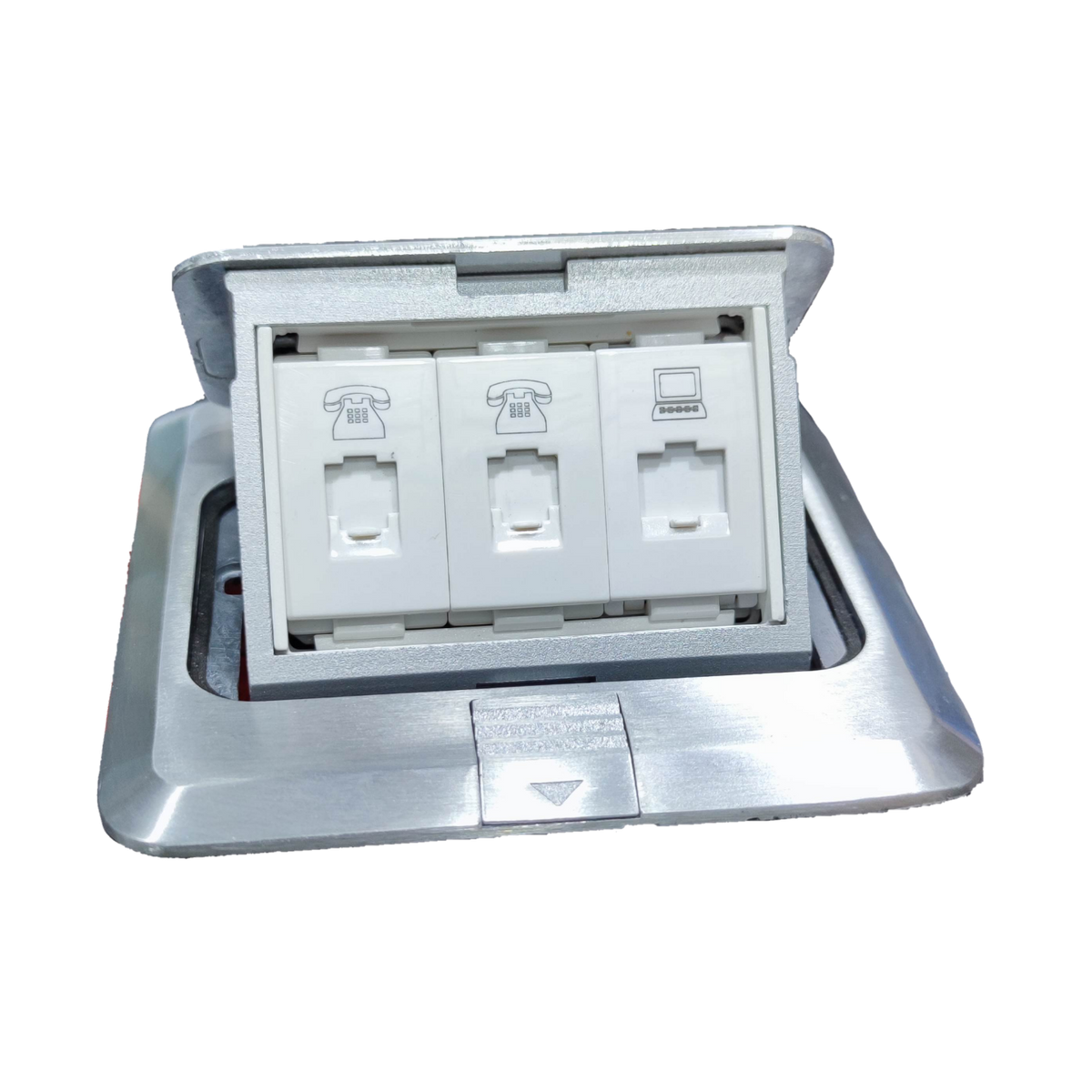 T&J CAT6 with Metal Utility Box featuring telephone and network ports in a sleek silver frame