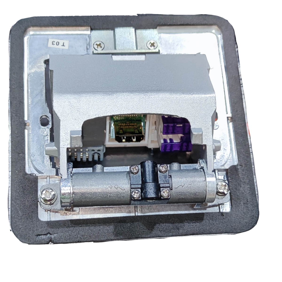 T and J metal floor outlet pop-up with USB and CAT6 recessed hinge box showing internal USB port and CAT6 jack
