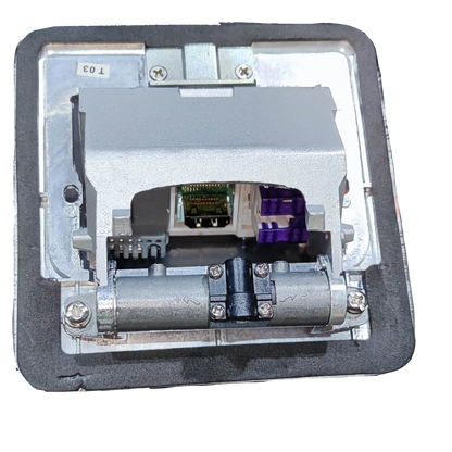 T and J metal floor outlet pop-up with USB and CAT6 recessed hinge box showing internal USB port and CAT6 jack