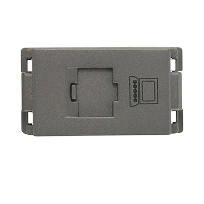 A gray plastic mounting bracket or adapter plate with a central rectangular recess and a small printed symbol on the right side, shown on a plain white background.
